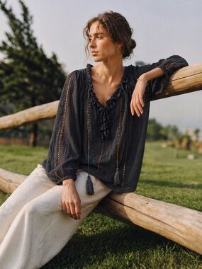 Sundance black gauzy cotton blend peasant blouse